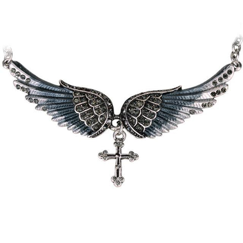 Angel Wing Cross Choker Necklace Guardian Women Biker Crystal Jewelry Gifts Her Girl Silver Color (18+2)&quot;