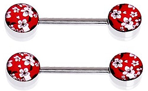 Nipple Ring Barbell Cherry Blossom Body Jewelry Pair 14 gauge Body Piercing bar