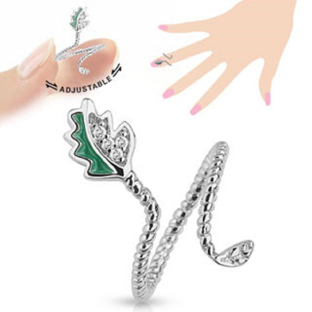 Leaf Adjustable Rhodium Plated Brass Nail Ring