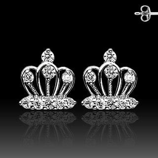 Pair of 925. STERLING SILVER STUD EAR RINGS W/ALL PRONG SET CZ CROWN Rhodium plated Earrings