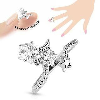 Star Multi-Paved Gems Adjustable Rhodium Plated Brass Nail RIng