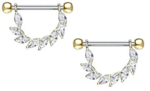 Nipple rings Marquise CZ Bridge Dangle  316L Surgical Steel 14g [Goldtone] - Goldtone