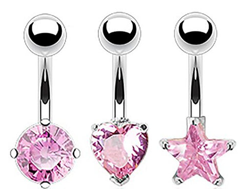 Body Accentz&reg; Belly Button Ring Navel Star, Heart & solitaire prong set surgical steel bar value pack Body Jewelry 14 Gauge