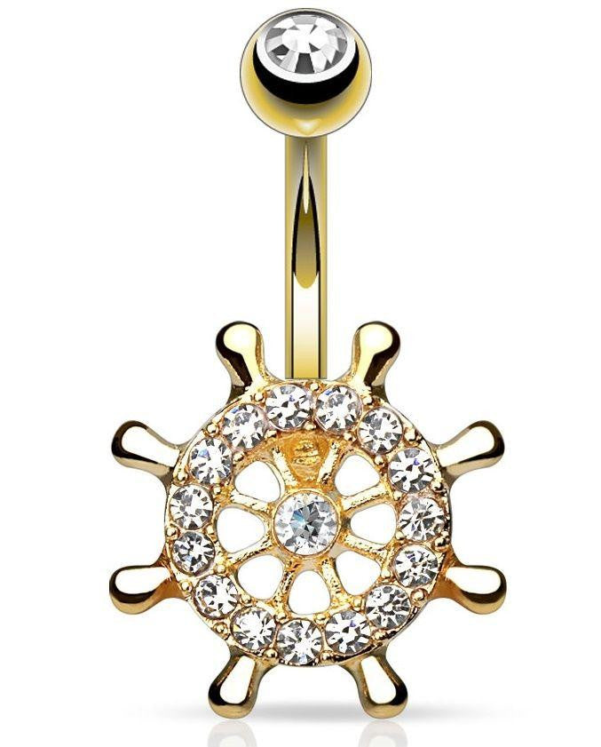 Belly button ring Yacht Wheel CZ 14kt Gold Plated 316L Surgical Steel Navel Boat