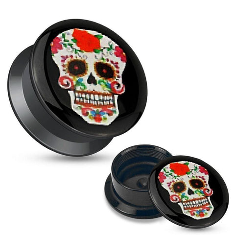Earrings Rings Red Sugar Skull Black Acrylic Stash Screw Fit Plug pair 0g