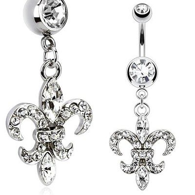 Belly Button Ring 316L Surgical Steel Multi Paved CZs Fleur De Lis Dangle Navel