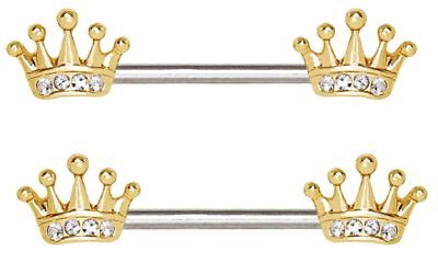 Nipple Ring Bars 316L Stainless Steel Gold Plated Princess Crown Sold as pair