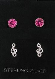 Sterling Silver Mini G-Clef Music Note + Pink Solitaire Earrings on Posts