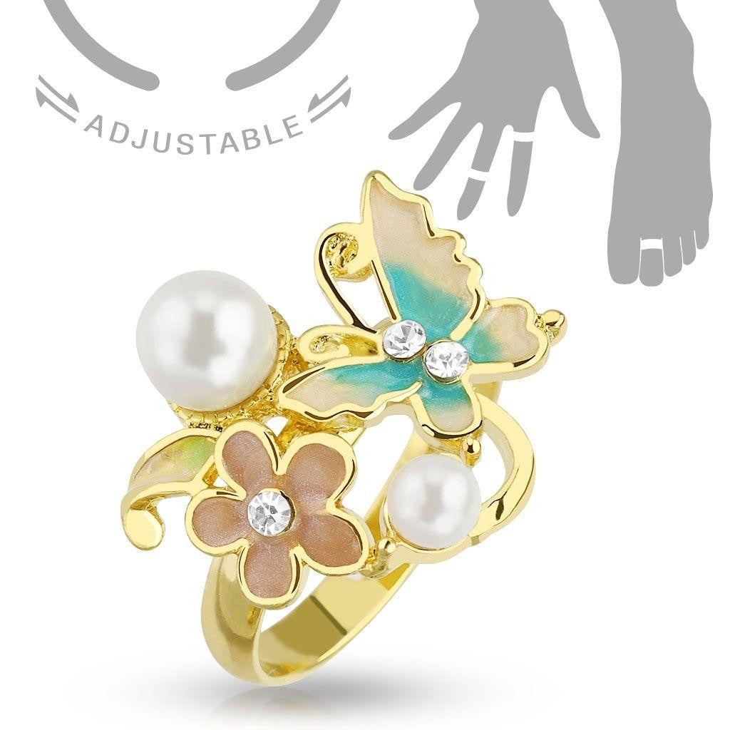 Flower CZ with Pearl Adjustable Gold Plated Brass Mid-Ring