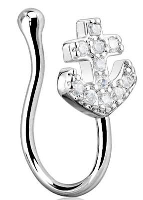 Anchor CZ Paved Non Piercing Nose Clip on Ring Stud No pierce needed