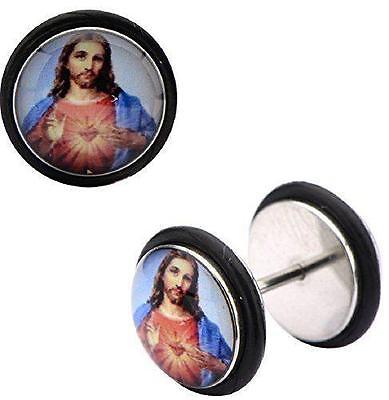 Earrings Rings 2 pc 18g 5/16 Steel Faux Plug with Jesus Logo Fronts Pair
