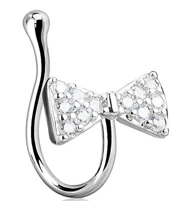Ribbon Bow Tie CZ Paved Non Piercing Nose Clip Ring Stud