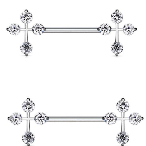 Nipple Bar Princess CZ Cross Ends Sparkle Barbell Ring Sold as pair   [Clear]