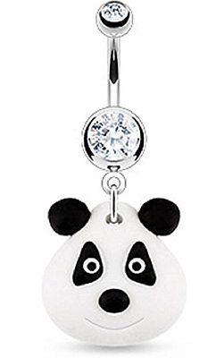 Belly button ring Panda Bear Hardened Clay Dangle 316L Surgical Steel Navel Ring