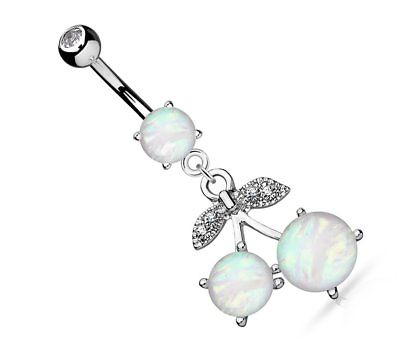 Belly Button Ring Opal Glitter Cherry Dangle Surgical Steel Rings 14g 3/8''