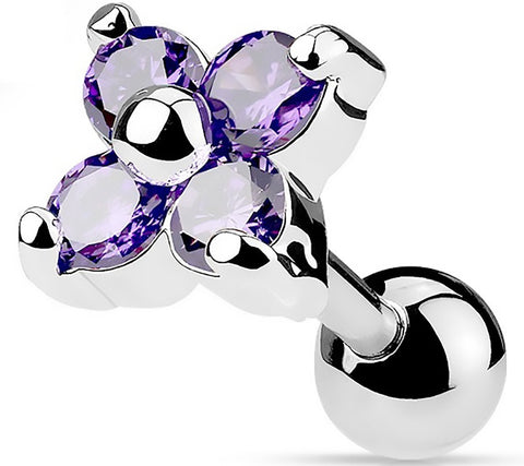 Surgical Steel Flower Quad CZ Tragus/Cartilage Piercing Stud 16g 5mm  1/4" - Tanz