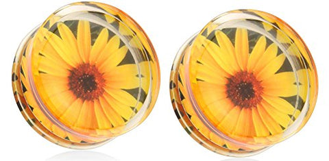Earrings Sunflower Print Encased Clear Acrylic Saddle Fit Plug 0g