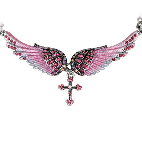 Angel Wing Cross Choker Necklace Guardian Women Biker Crystal Jewelry Gifts Her Girl Silver Color (18+2)&quot;