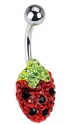 Belly Button Ring Crystal Ferido Strawberry Charm 316L Surgical Steel Navel