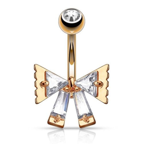 Belly Button Ring Navel Triangle CZ and Princess Cut CZ Ribbon Rose Goldtone