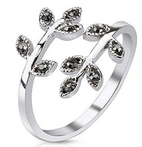 Petite Leaf Multi-Paved Gems Adjustable Rhodium Plated Brass Mid-Ring/Toe Ring