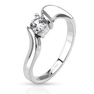 Stainless Steel Prong CZ Solitaire Framed Twist Band Ring   Size 7