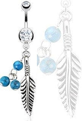Belly button ring 316L Surgical Steel Feather with Blue Turquoise Semi Precious Navel