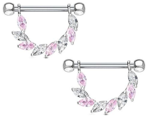 Nipple rings Marquise CZ Bridge Dangle  316L Surgical Steel 14g [pink] - pink