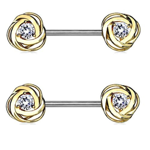 Nipple Bar Princess CZ Rose Ends Sparkle Barbell Ring Sold as pair [Goldtone]