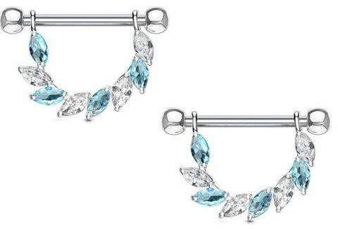 Nipple rings Marquise CZ Bridge Dangle  316L Surgical Steel 14g [Blue]