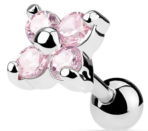 Surgical Steel Flower Quad CZ Tragus/Cartilage Piercing Stud 16g 5mm  1/4' [pink] - pink