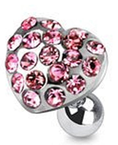 316L Surgical Steel Tragus/Cartilage with Gem Paved Heart Top 16g 1/4" bar