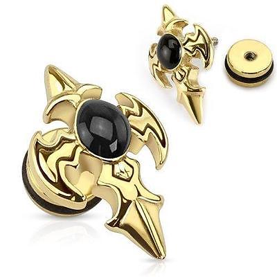 Earrings 316L Surgical Steel Gold IP Tribal Cross Fake Plug Black IP Faux 16g...