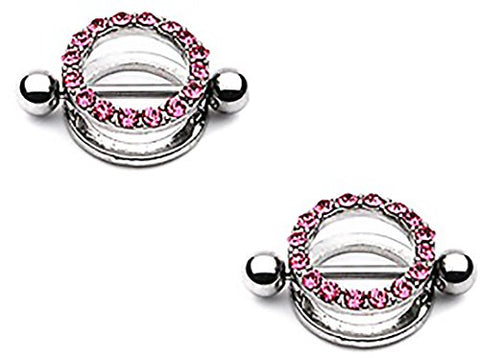 Nipple Ring Bars CZ Circle of Love Body Jewelry Pair 14 gauge 5/8'' (Pink)