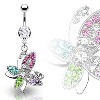 Belly Button 316L 8mm Gem Navel with Multi Colored Gem Butterfly