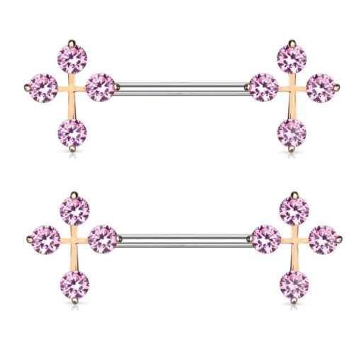 Nipple Bar Princess CZ Cross Ends Sparkle Barbell Ring Sold as pair   [pink]