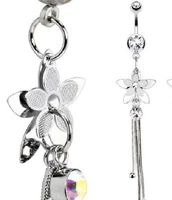 Belly Button Ring  Surgical Steel Flower Petal Layers Chains  Gem Dangle Navel