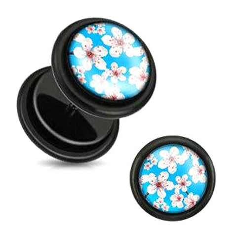 Earrings Ring Black Acrylic Fake Plug with Pink Cherry Blossoms sold as pair