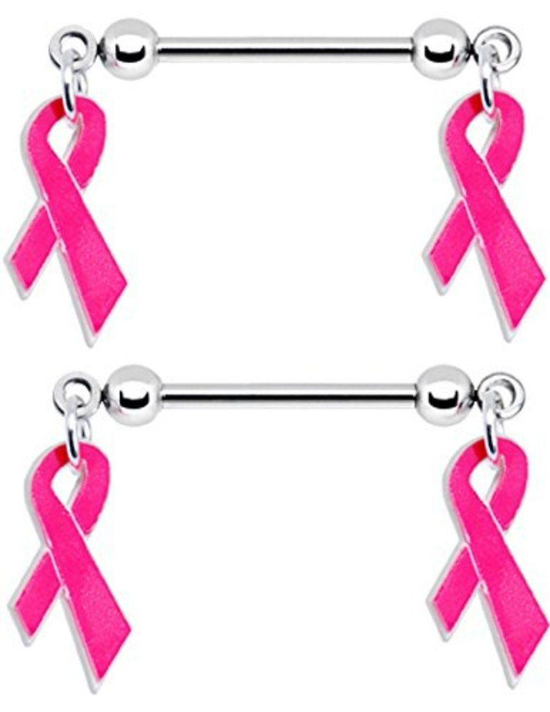 Nipple Ring Pink Awareness Ribbon bar body Jewelry sold as Pair 14 gauge