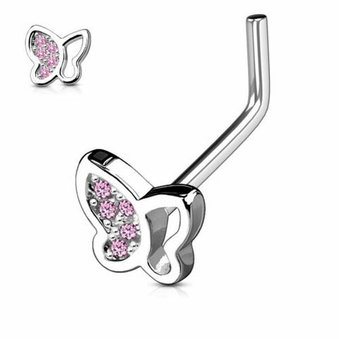 Nose Ring 20g Hollow Half Paved CZ Butterfly 316L Surgical Steel L Bend Stud [pink] - pink