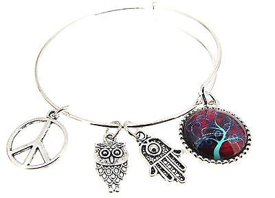 Tree of Life Bracelet Silver Plate Expandable Bangle Hamsa Peace sign Owl