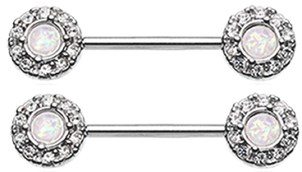 Nipple Bar Opalite Centered CZ Paved Circle Shield Pair