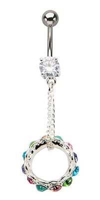 Belly Button Ring 14g 3/8 Navel rainbow gem eternity circle dangle charm