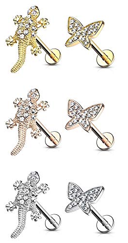 Body Accentz 6 Pcs CZ Paved Lizard Micro Set Butterfly 316L Surgical Steel Internally Threaded Labrets, Monroe Cartilage Studs Pack