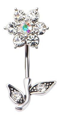 Belly Button Ring Navel Split 14g 7/16 In and Out Aurora Borealis Gem Flower