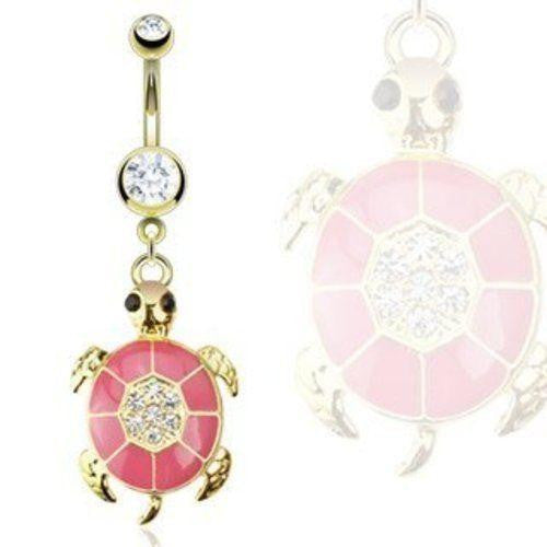 Belly Button Ring Gold IP Over 316L Surgical Steel Pink Epoxy Navel 14g 3/8''