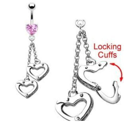 Belly Button Ring Navel Heart Handcuffs Body Jewelry 14 Gauge 3/8''