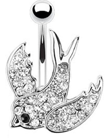 Belly Button Ring Navel Swallow with Paved Gems 316L Surgical Steel 14g bird