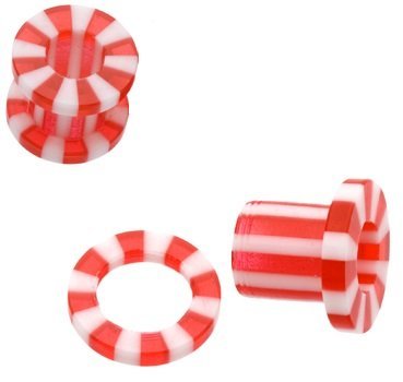 Earrings Acrylic Red Candy Stripe Screw Tunnel 12 gauge - Sold as pair