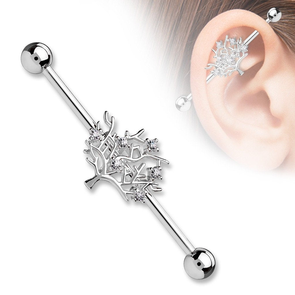 Industrial Barbell CZ Tree of Life 316L Surgical Steel 1 1/2 14g Bar